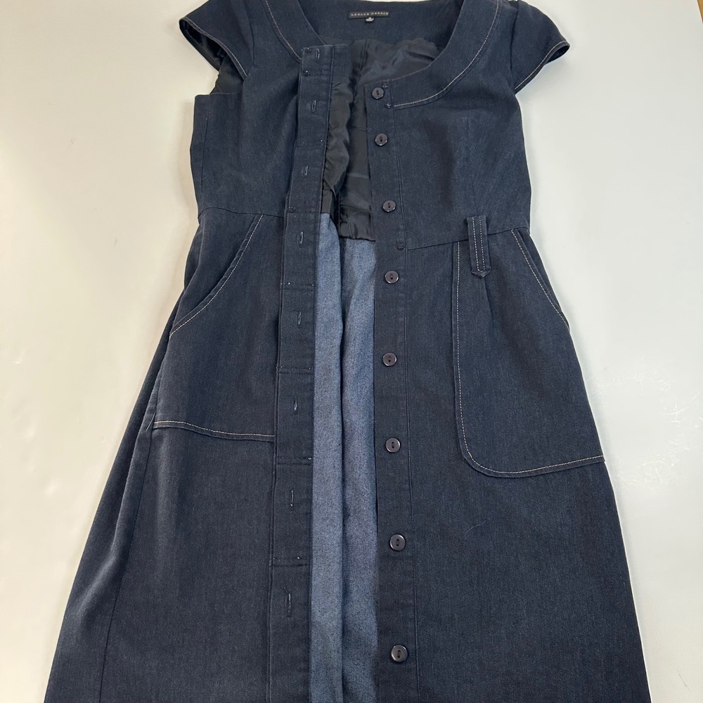 Sandra Darren Denim Sheath Dress Womens 10 Blue Dark Wash Cap Sleeve Knee Length - Picture 10 of 12